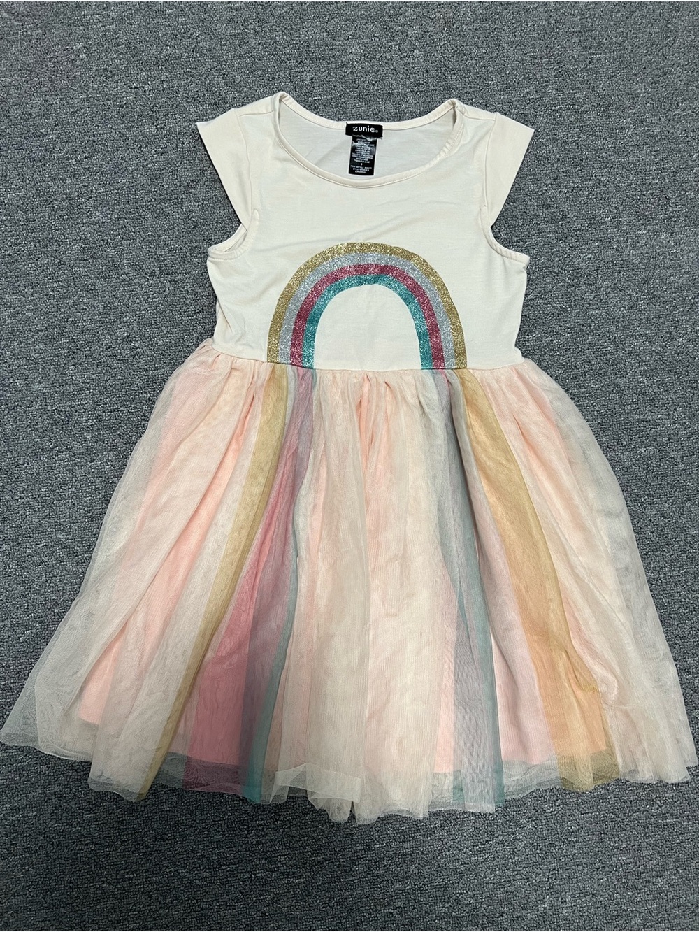 Zunie Cream Dress with Pastel Rainbow Tulle